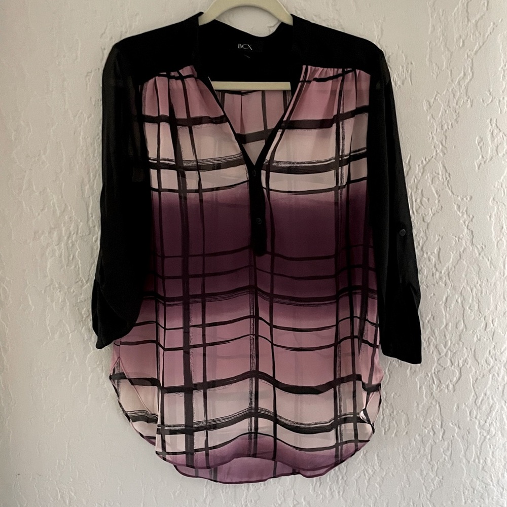 Chiffon Blouse with Roll Up 3/4 Sleeve Cuff - L
